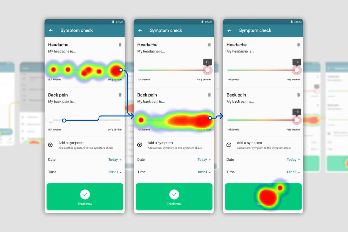 screenshots of heatmaps taken while testing MyTherapy's new symptom tracker